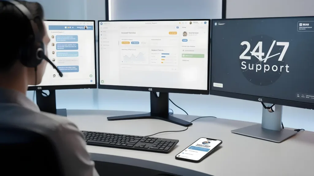 Customer support agent providing 24/7 assistance on multiple screens with live chat for Betting Utan Svensk Licens