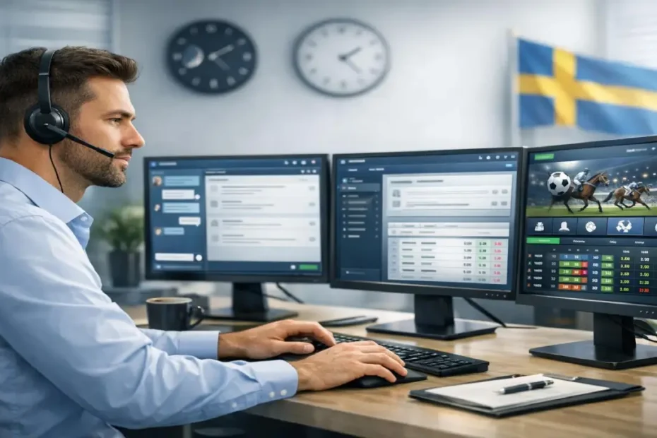 Customer support agent assisting users on betting platform with multiple screens and live chat