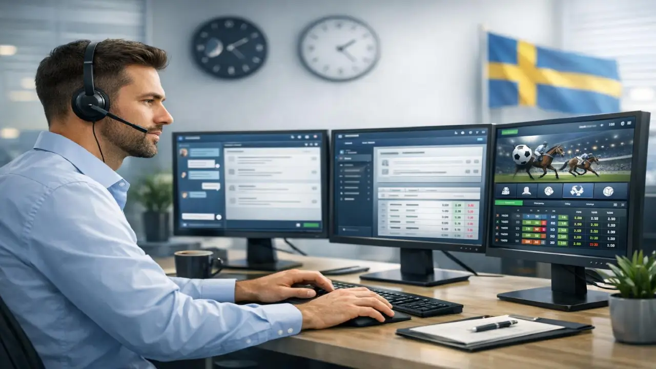 Customer support agent assisting users on betting platform with multiple screens and live chat