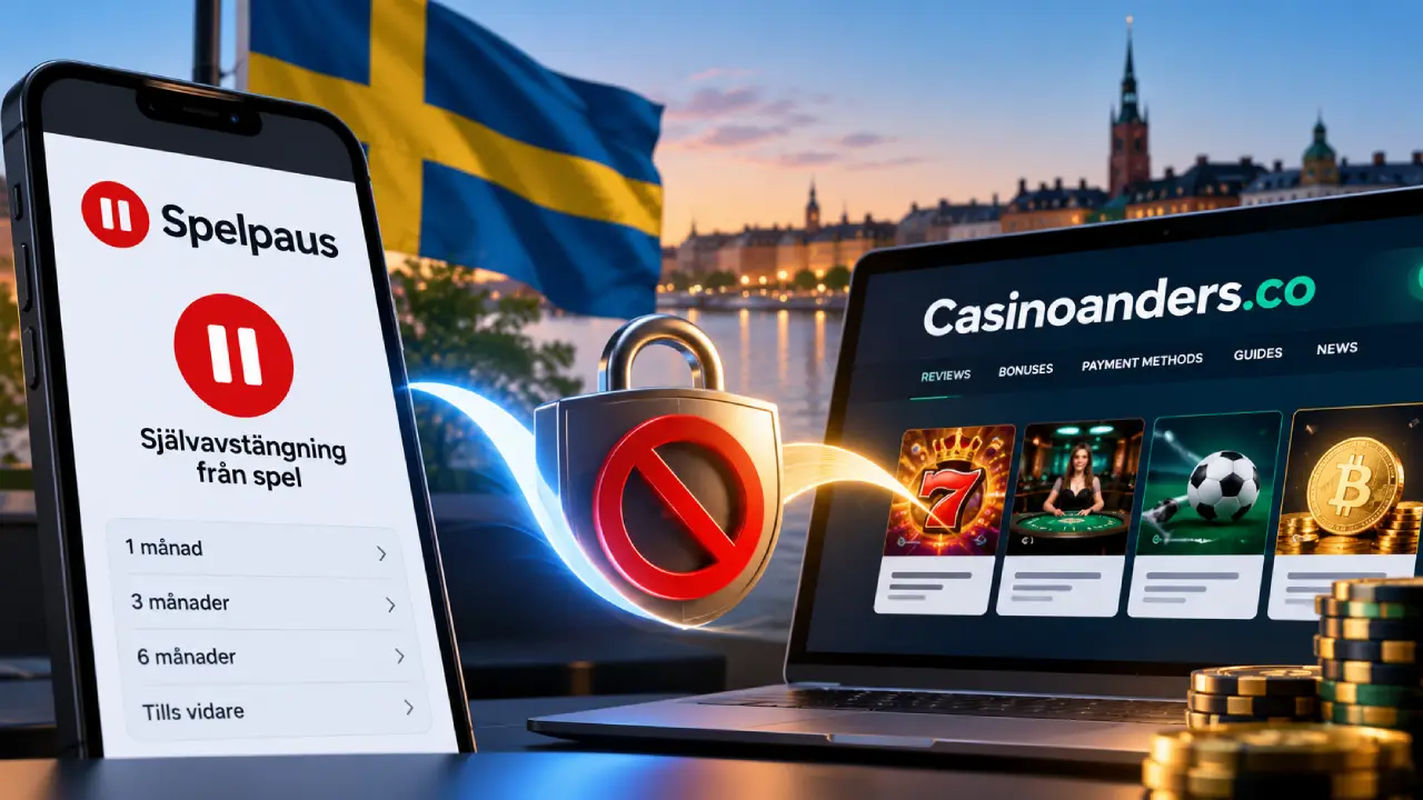 Spelpaus self-exclusion register shown alongside Casinoanders.co casino coverage with Swedish flag and Stockholm skyline.